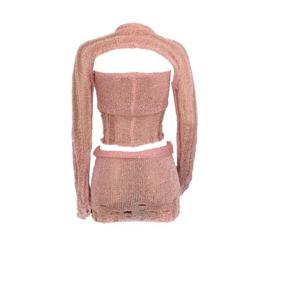 Pink Sequin Distressed Knit Top and Skirt Set - Picture 2 of 4